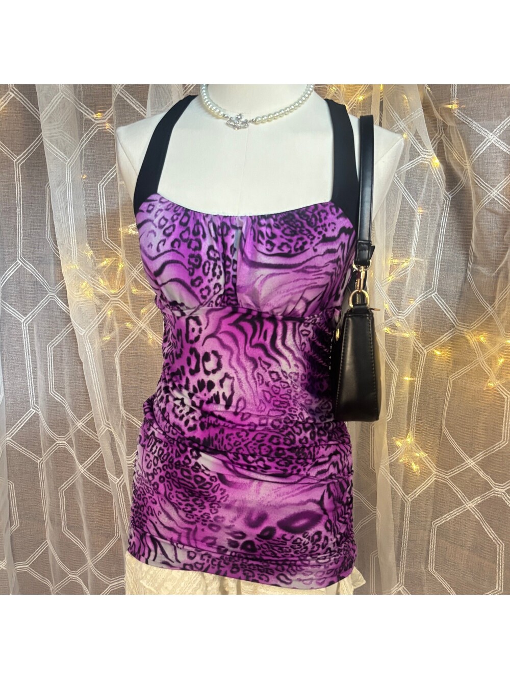 rue21 Purple Leopard Print Ruched Tank Top Y2K Bodycon Stretch Cami Medium Chic - Picture 5 of 8